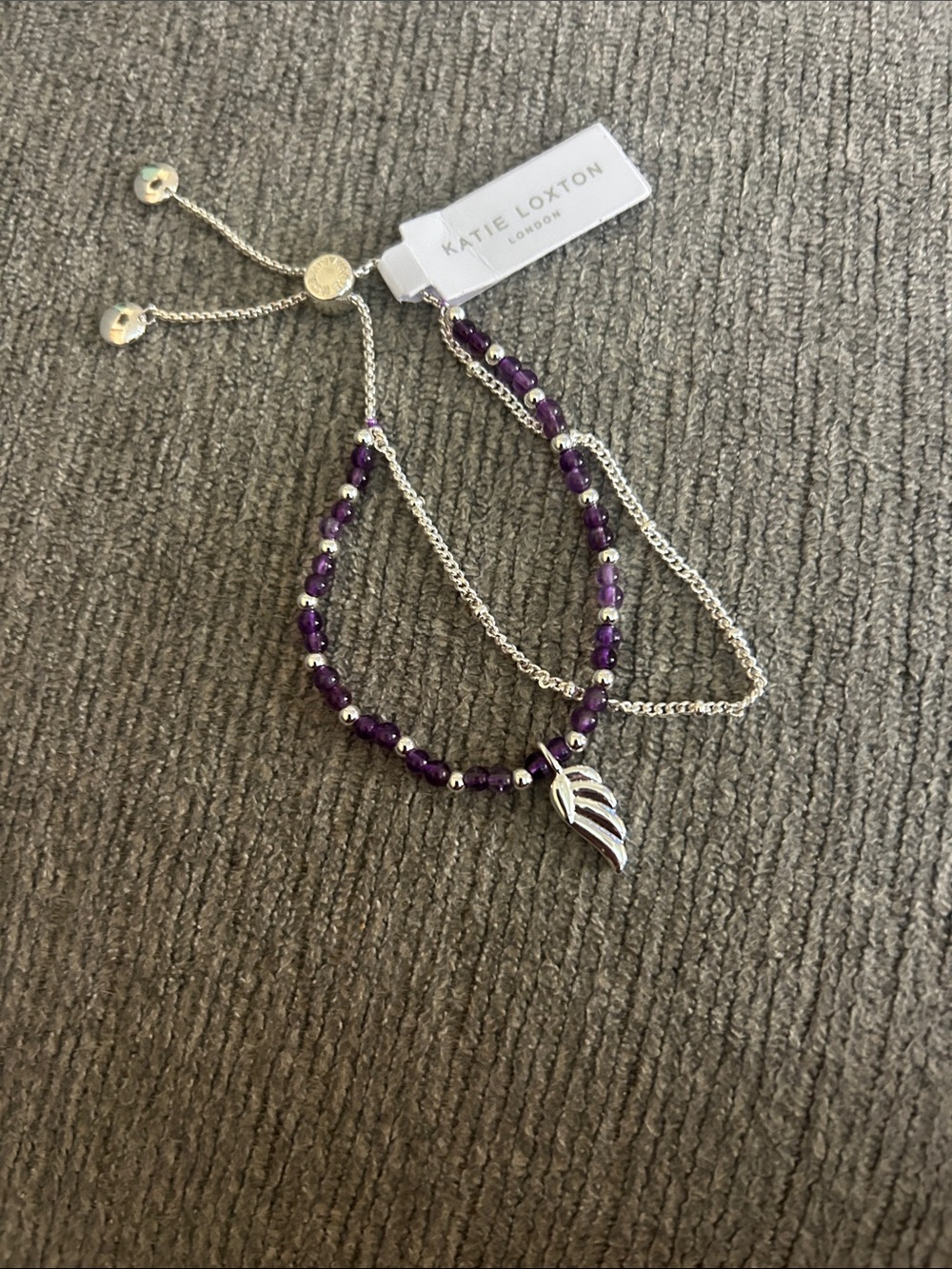 Katie Loxton Purple Beaded Bracelet with Silver Leaf Charm